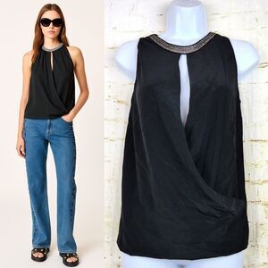 Maje Top Womens 1 US S Black Silk Draped Faux Wrap Sleeveless Embellished Neck